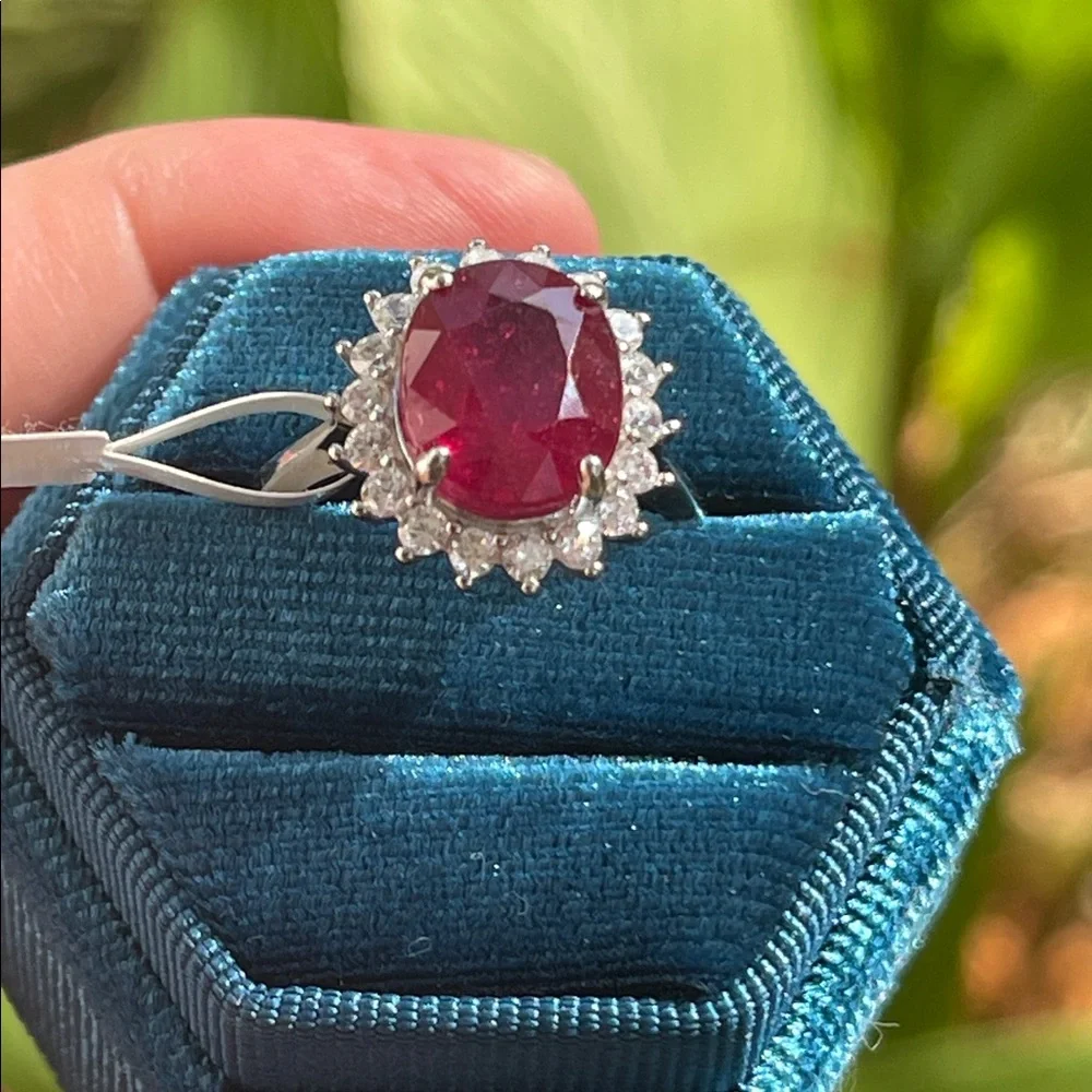 NWT Mozambique Natural Ruby Oval 11x9mm & CZ Accents in 925 Silver RingSize 6.5